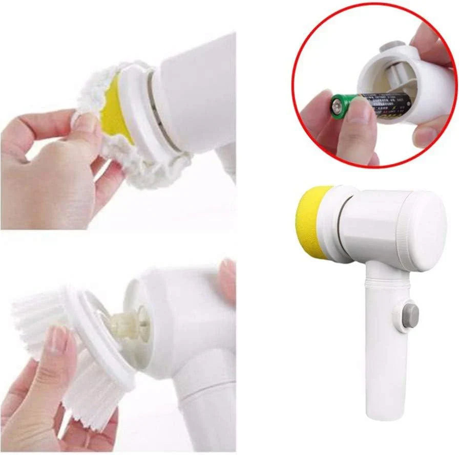 "5-in-1 Cleaning Magic Electric Brush with interchangeable heads for versatile cleaning, featuring a cordless design and powerful motor for efficient use."