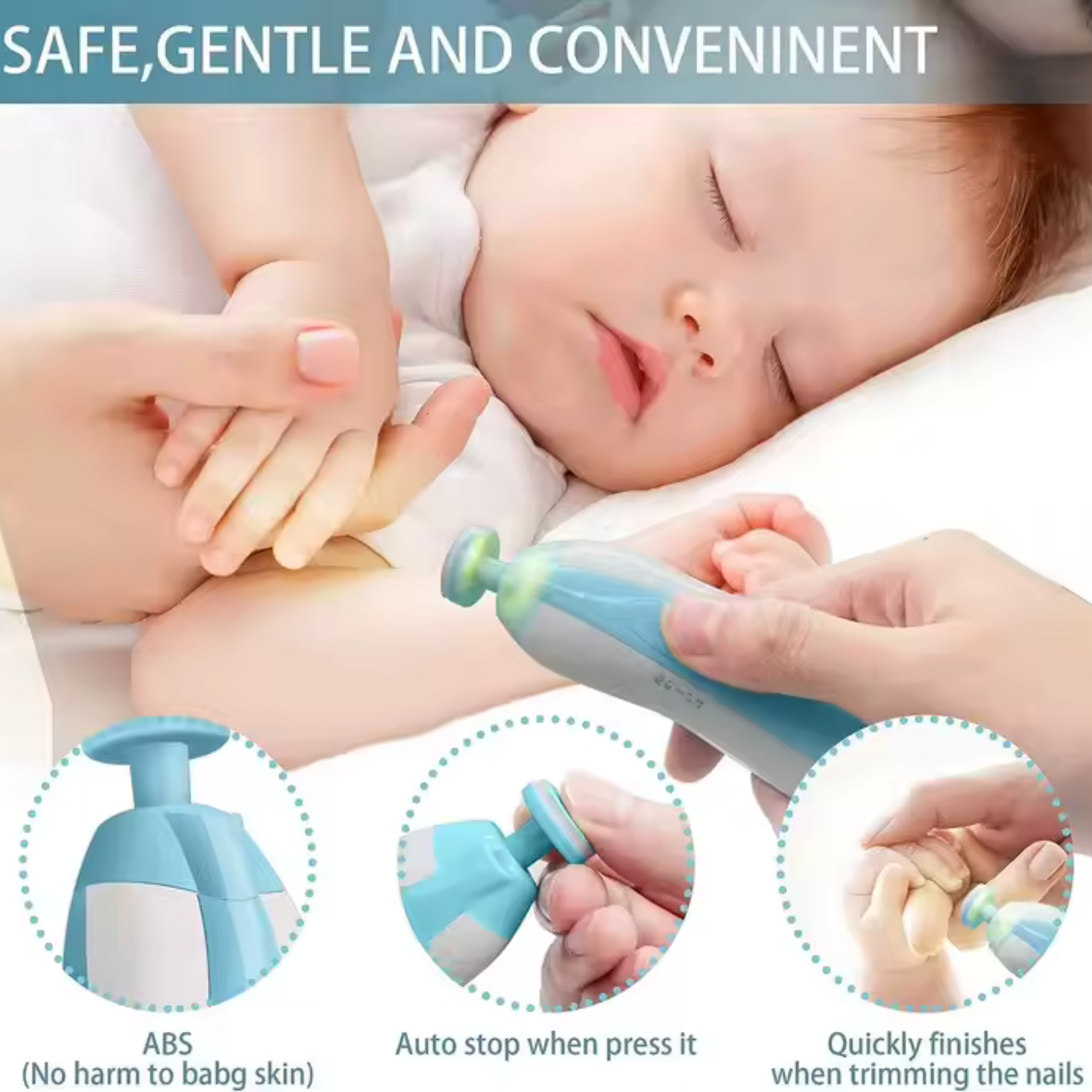 "Baby nail trimmer with soft grinding heads, ergonomic design, and gentle operation, suitable for safely trimming infant and toddler nails."
