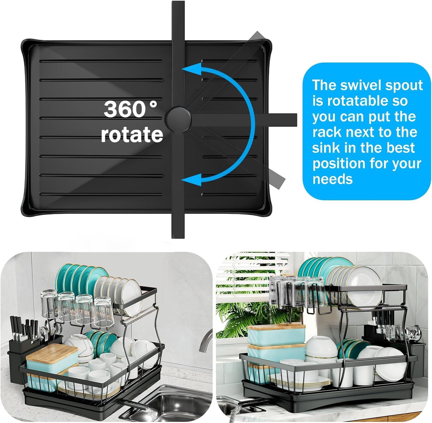 Tzmovqix Dish Drying Rack, 2-tier stainless steel kitchen counter dish rack in black. Close-up of Tzmovqix Dish Drying Rack with utensil holder and drain board.
