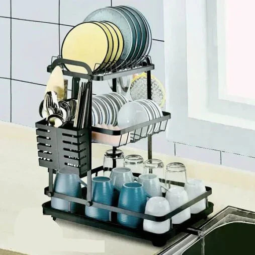 Tzmovqix Dish Drying Rack, 2-tier stainless steel kitchen counter dish rack in black. Close-up of Tzmovqix Dish Drying Rack with utensil holder and drain board.