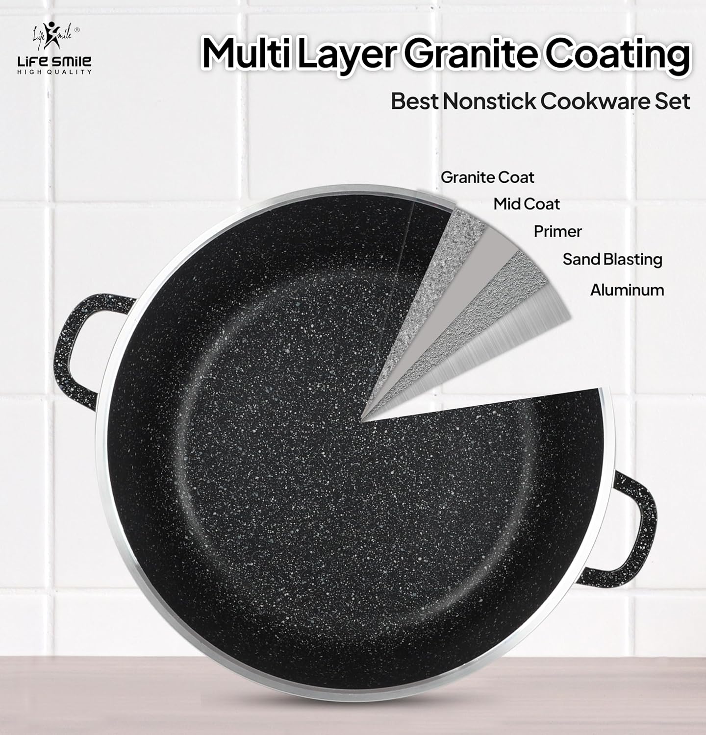 "LIFE SMILE 6-Piece Cookware Set featuring granite non-stick coating, PFOA-free, and die-cast aluminum for easy cooking."
