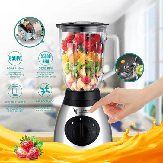 2-in-1 Blender & Grinder 850W with a BPA-free 1.5L glass jar for smoothies, ice, spices, and coffee.