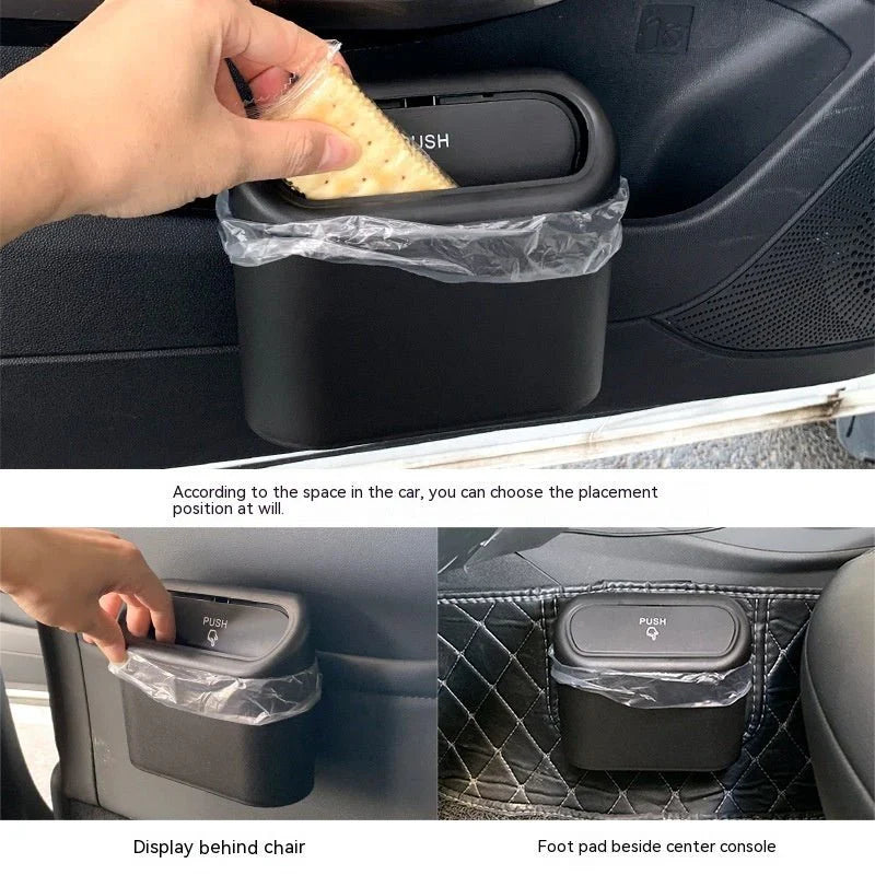 Mini Car Trash Can with lid, leakproof and compact design, perfect for cars, home, and office use.  Compact Mini Car Trash Can placed in a car cup holder, highlighting its space-saving design.