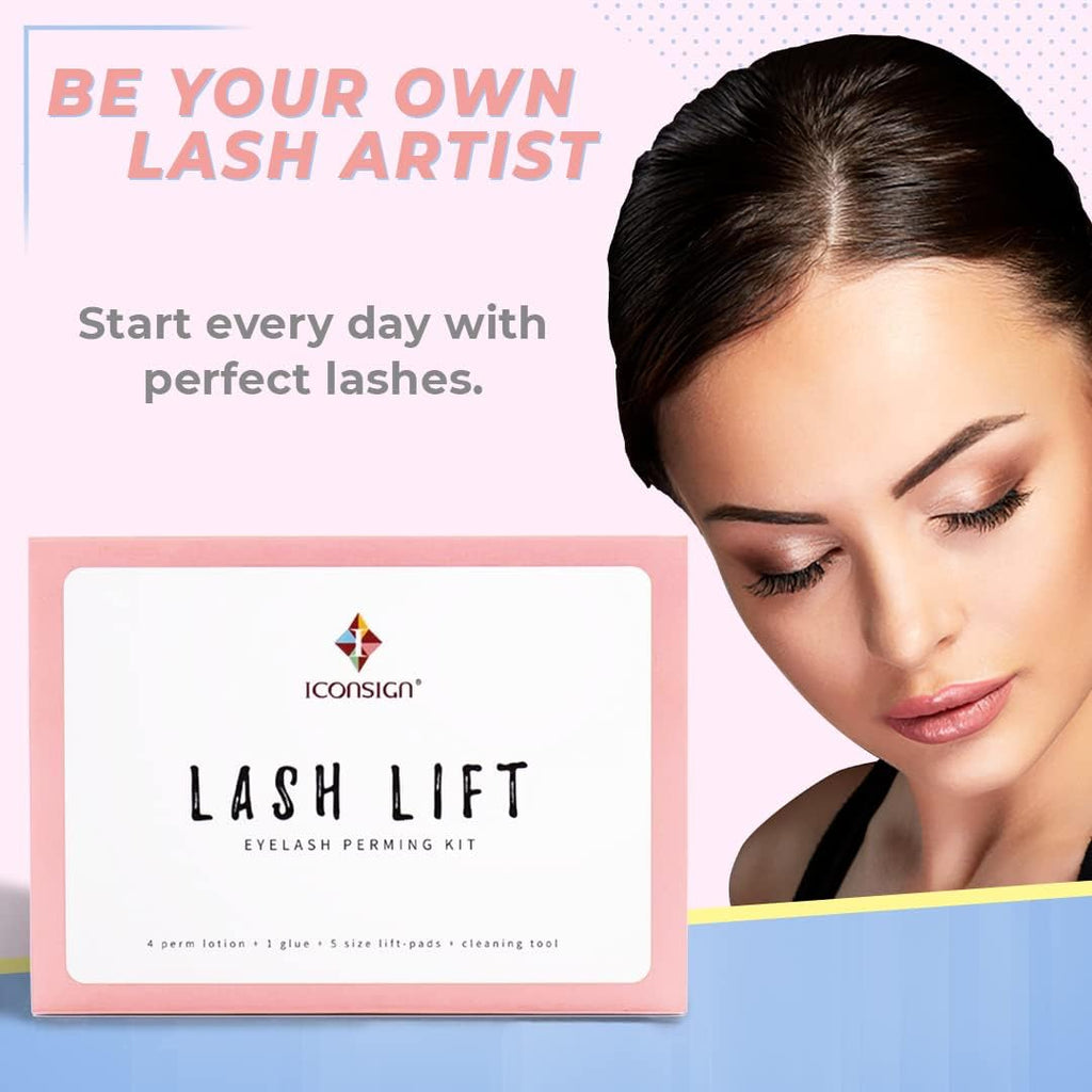 ICONSIGN ESSNS Eyelash Perming Kit with updated formula for salon and home use, full kit displayed.