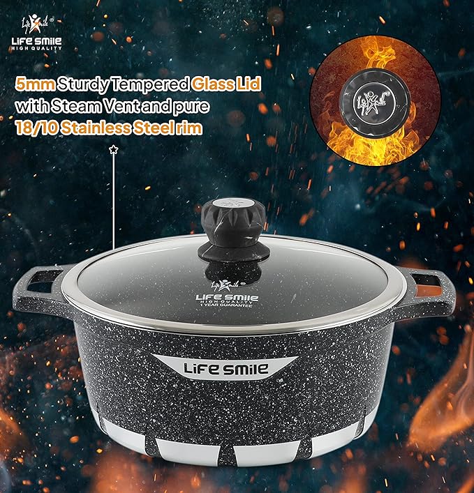 "LIFE SMILE 6-Piece Cookware Set featuring granite non-stick coating, PFOA-free, and die-cast aluminum for easy cooking."