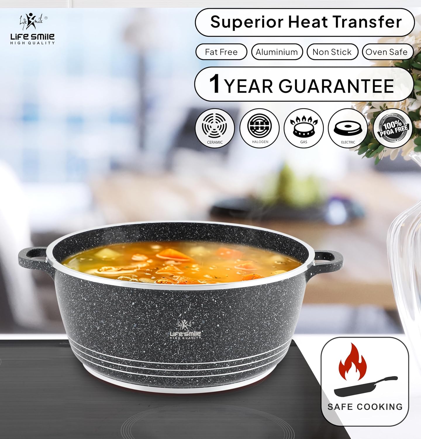 "LIFE SMILE 6-Piece Cookware Set featuring granite non-stick coating, PFOA-free, and die-cast aluminum for easy cooking."