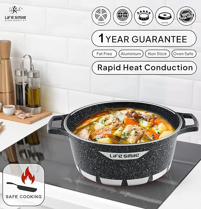 "LIFE SMILE 6-Piece Cookware Set featuring granite non-stick coating, PFOA-free, and die-cast aluminum for easy cooking."