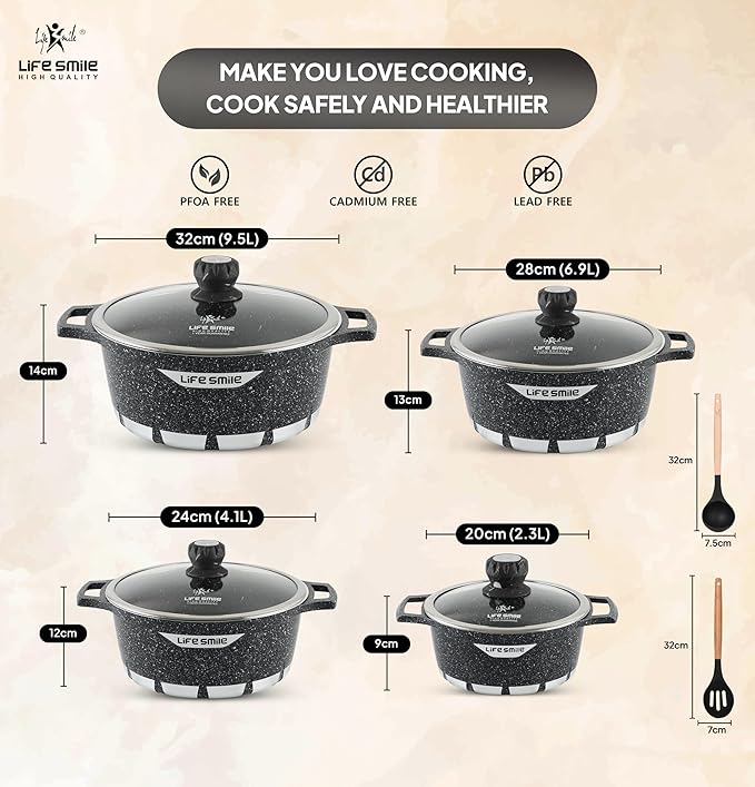 "LIFE SMILE 6-Piece Cookware Set featuring granite non-stick coating, PFOA-free, and die-cast aluminum for easy cooking."