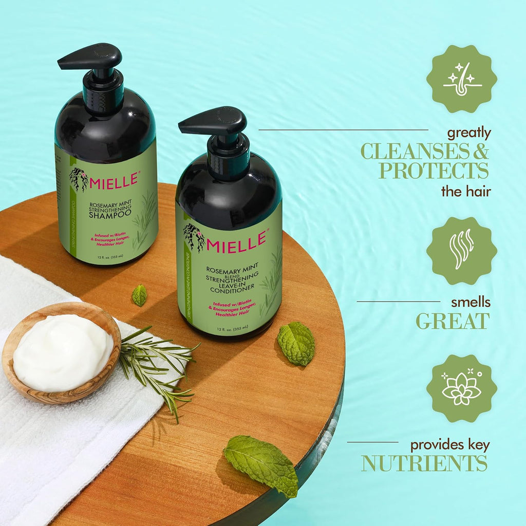 Mielle Organics shampoo for cleansing, strengthening, and promoting healthy hair growth. Nourishing and invigorating shampoo infused with rosemary, mint, and biotin by Mielle Organics.