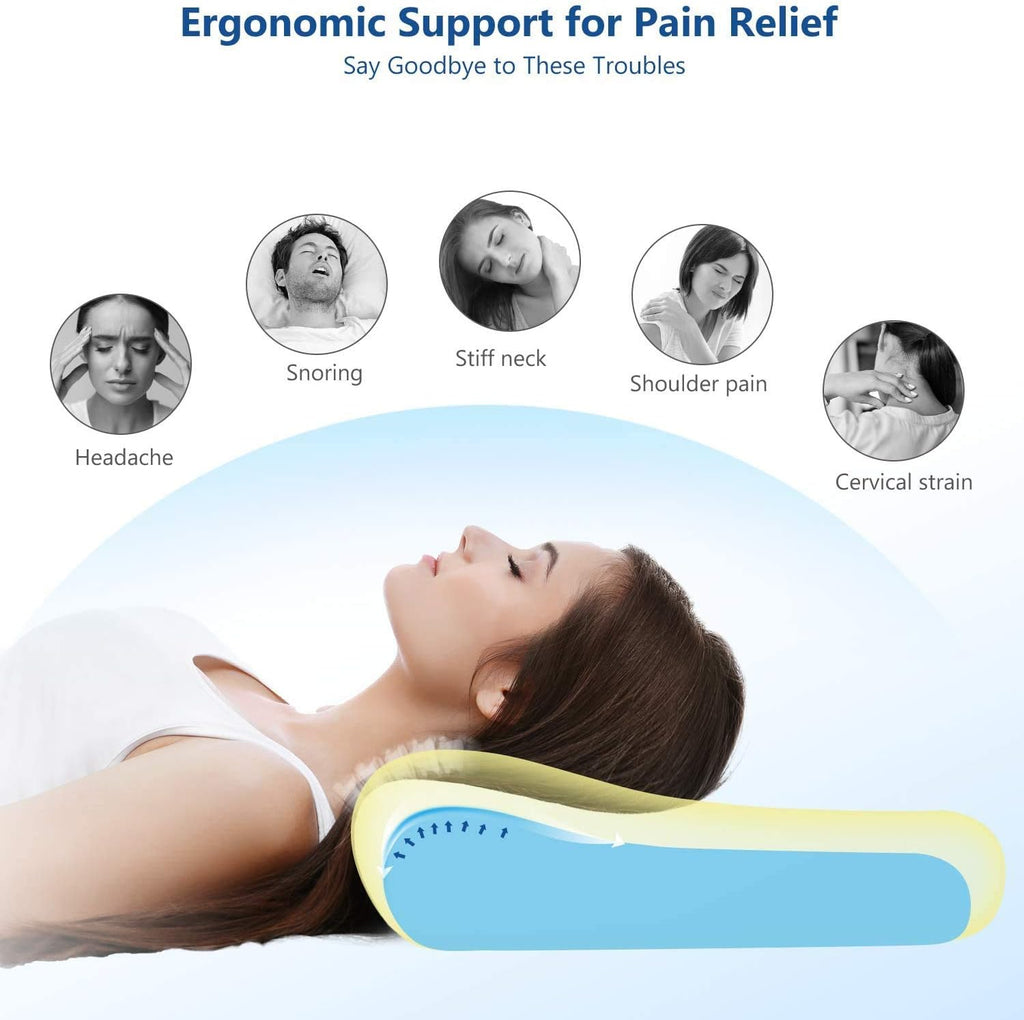 "ZAMAT Contour Memory Foam Pillow for neck pain relief, ergonomic design for side, back, and stomach sleepers."