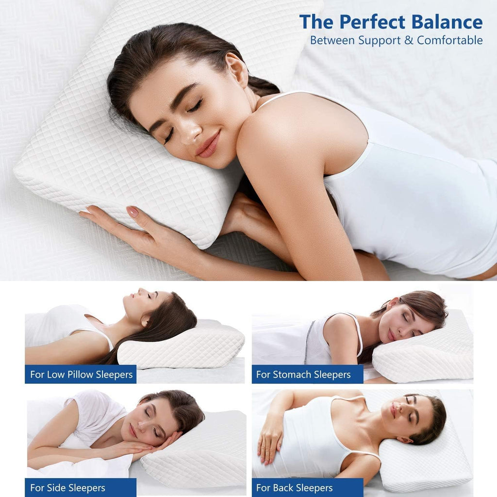 "ZAMAT Contour Memory Foam Pillow for neck pain relief, ergonomic design for side, back, and stomach sleepers."