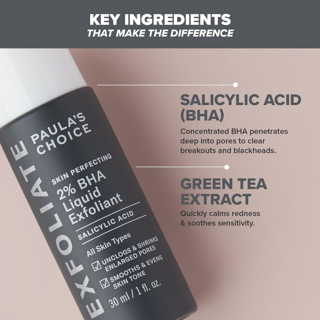  "Paula's Choice SKIN PERFECTING 2% BHA Liquid Exfoliant, 30ml bottle for blackhead and pore care."