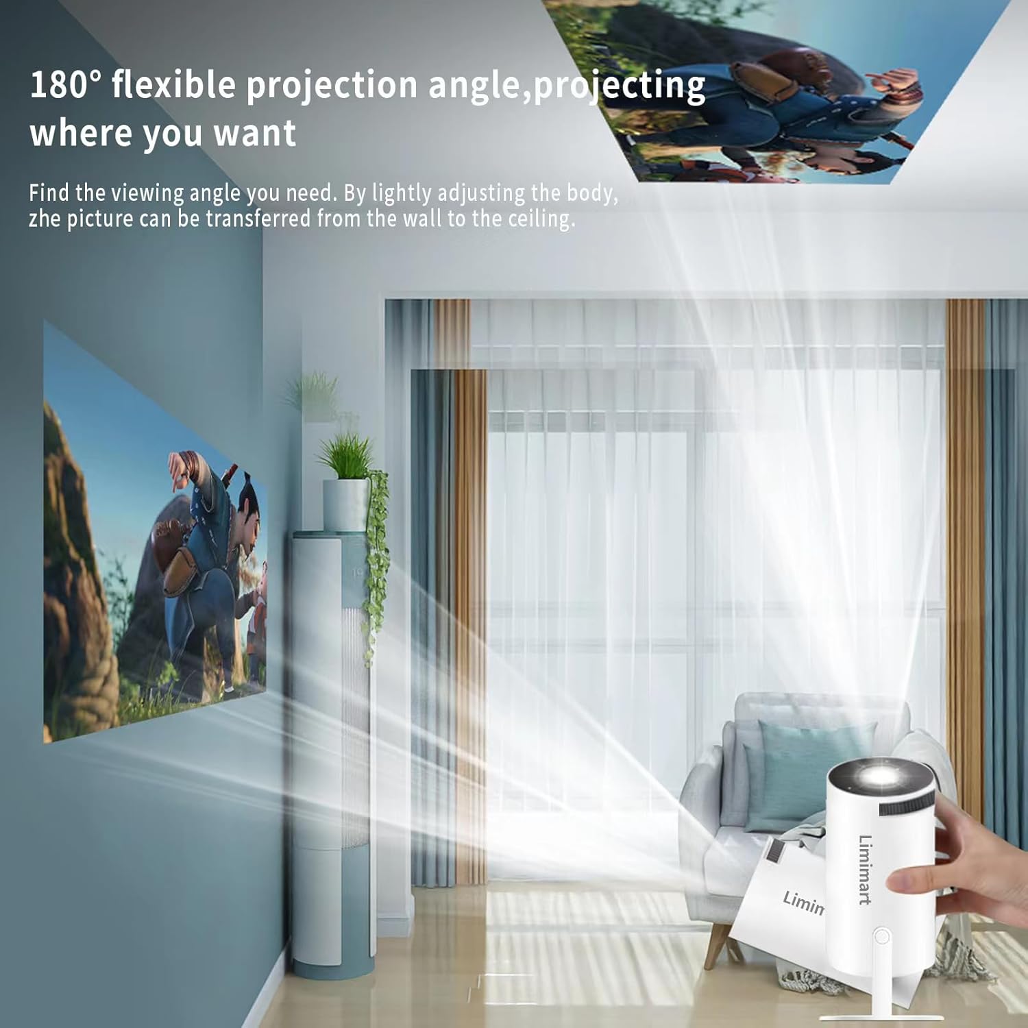 Limimart 4K Smart Mini Projector with 130-inch screen capability, featuring 5G Wi-Fi and Bluetooth 5.0 for a portable home theater experience.
