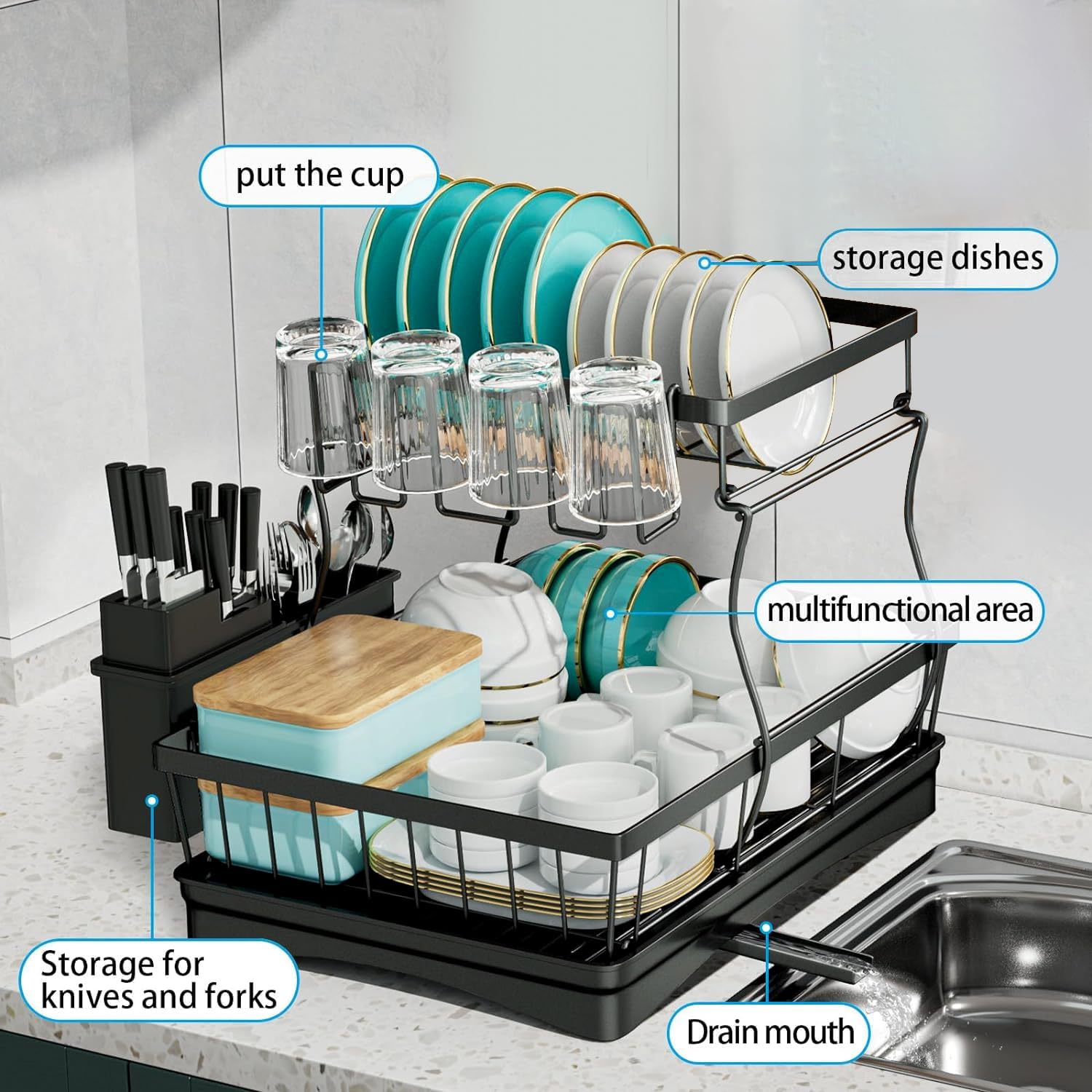 Tzmovqix Dish Drying Rack, 2-tier stainless steel kitchen counter dish rack in black. Close-up of Tzmovqix Dish Drying Rack with utensil holder and drain board.