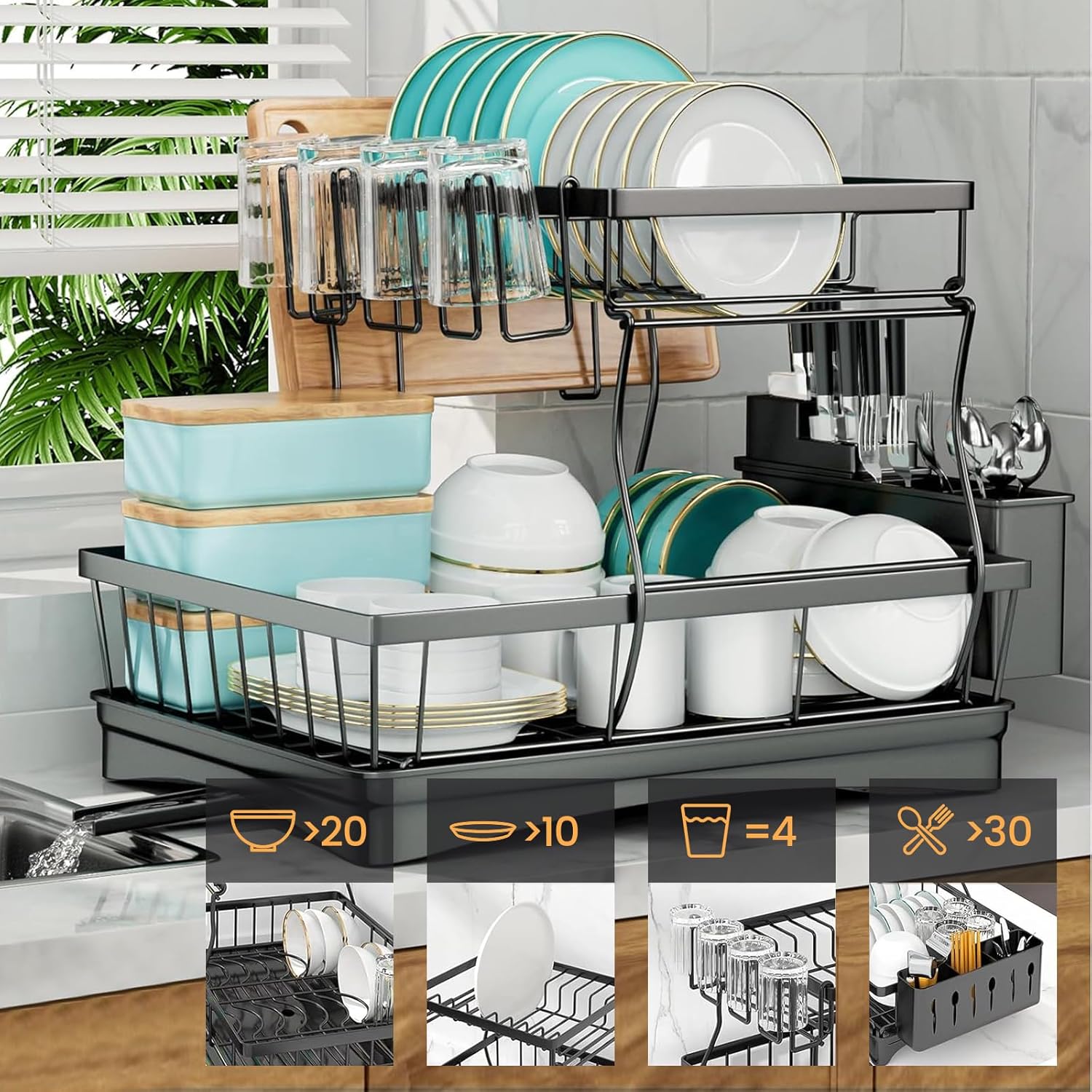 Tzmovqix Dish Drying Rack, 2-tier stainless steel kitchen counter dish rack in black. Close-up of Tzmovqix Dish Drying Rack with utensil holder and drain board.