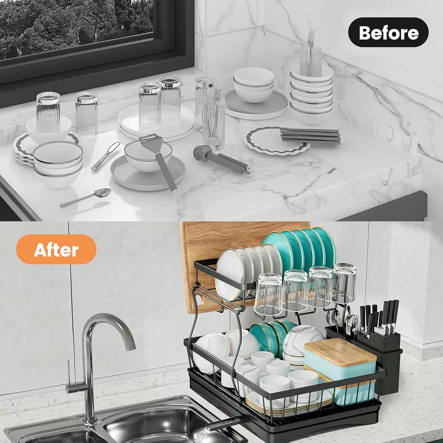 Tzmovqix Dish Drying Rack, 2-tier stainless steel kitchen counter dish rack in black. Close-up of Tzmovqix Dish Drying Rack with utensil holder and drain board.