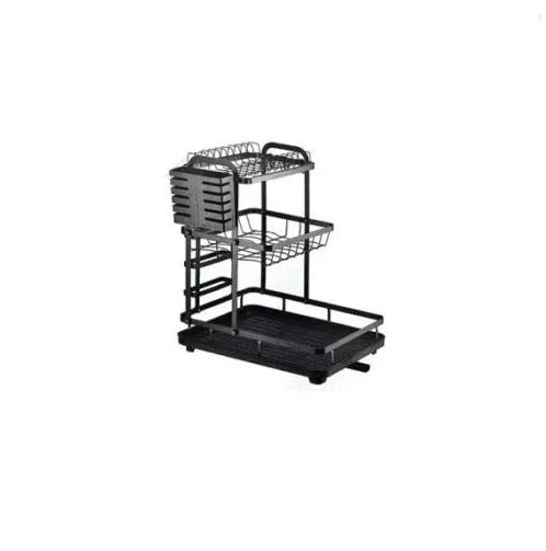 Tzmovqix Dish Drying Rack, 2-tier stainless steel kitchen counter dish rack in black. Close-up of Tzmovqix Dish Drying Rack with utensil holder and drain board.