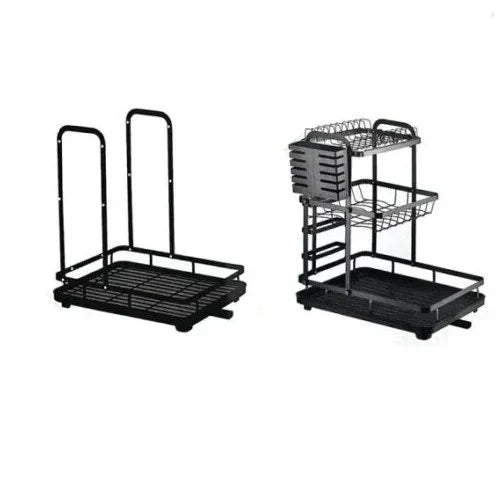 Tzmovqix Dish Drying Rack, 2-tier stainless steel kitchen counter dish rack in black. Close-up of Tzmovqix Dish Drying Rack with utensil holder and drain board.