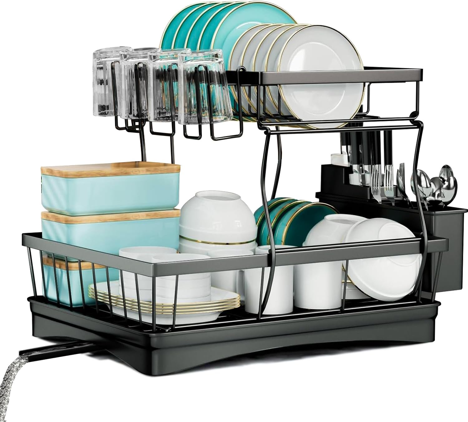 Tzmovqix Dish Drying Rack, 2-tier stainless steel kitchen counter dish rack in black. Close-up of Tzmovqix Dish Drying Rack with utensil holder and drain board.